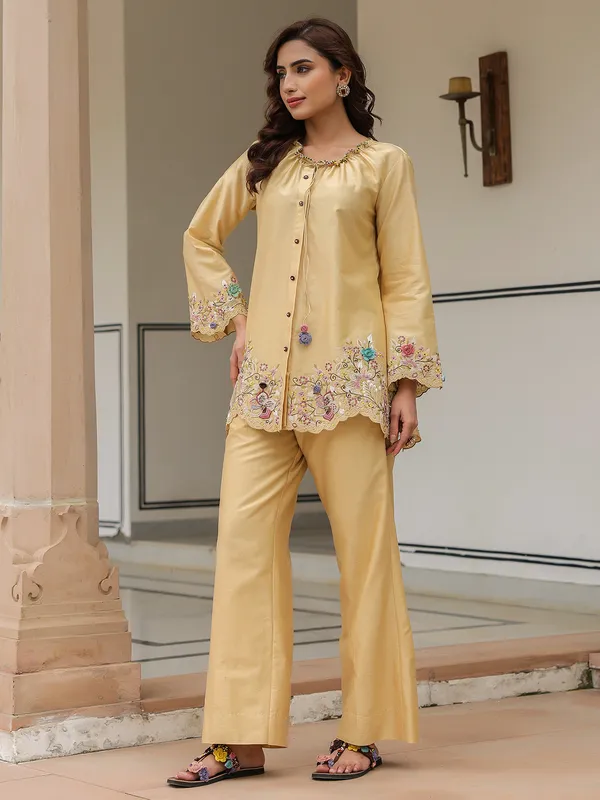 Beige silk tencel embroidery co-ord set