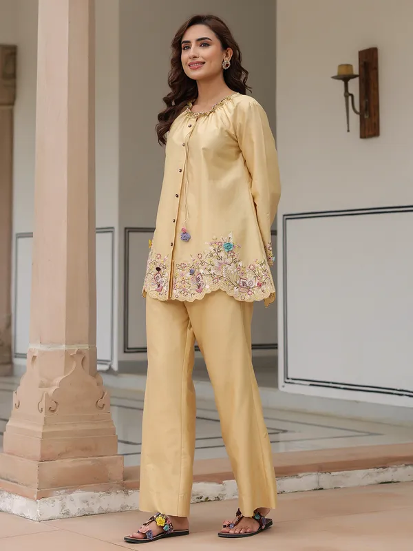 Beige silk tencel embroidery co-ord set