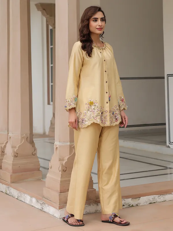 Beige silk tencel embroidery co-ord set