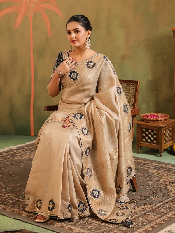 Beige silk thread worked saree for festival