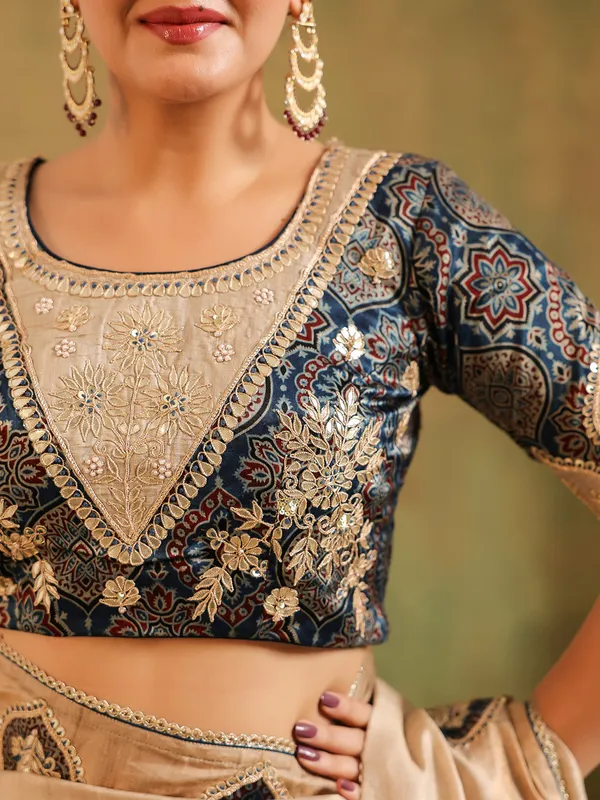 Beige silk thread worked saree for festival