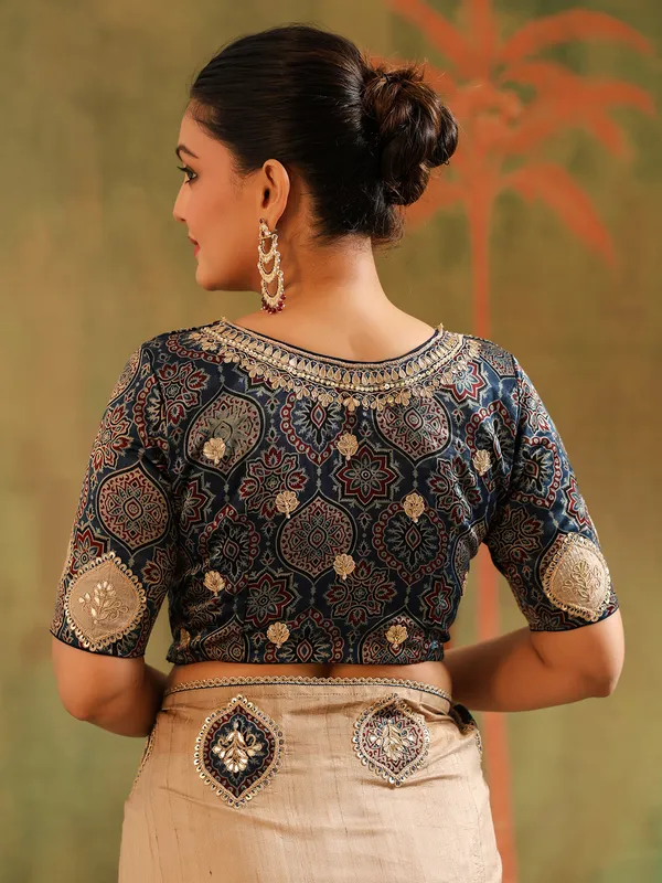 Beige silk thread worked saree for festival