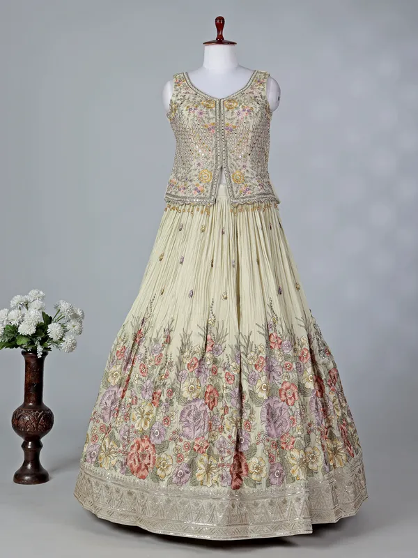 Beige silk U neck embroidered lehenga choli with dupatta