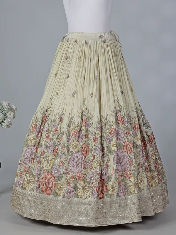 Beige silk U neck embroidered lehenga choli with dupatta