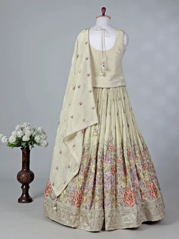 Beige silk U neck embroidered lehenga choli with dupatta