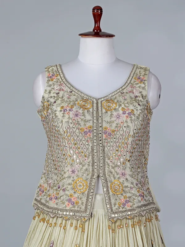 Beige silk U neck embroidered lehenga choli with dupatta