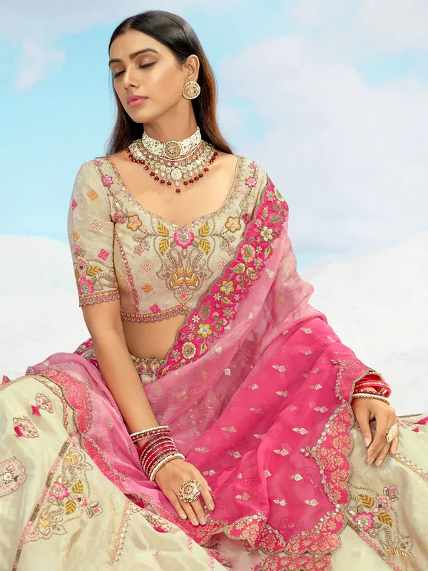 Beige silk unstitched lehenga choli for wedding