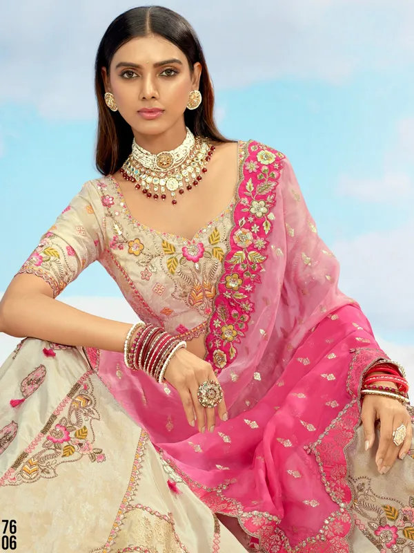 Beige silk unstitched lehenga choli for wedding