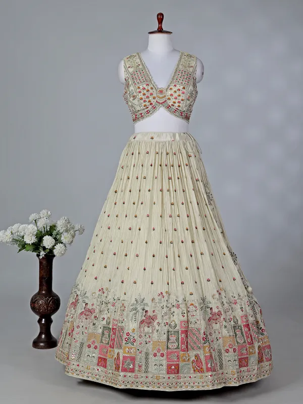 Beige silk V neck lehenga choli with contrast dupatta