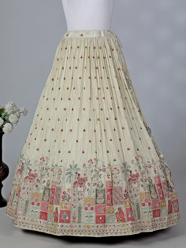 Beige silk V neck lehenga choli with contrast dupatta