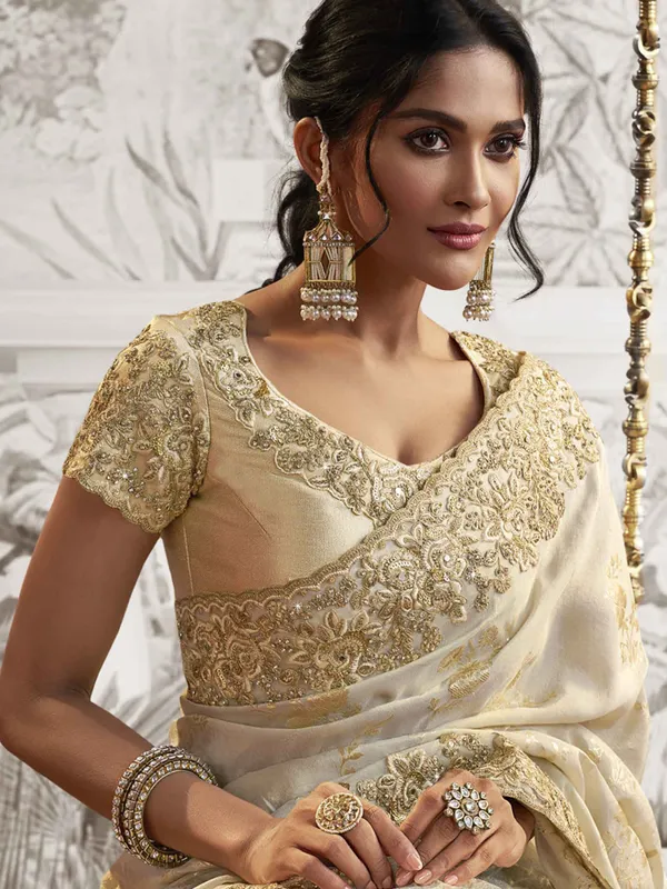 Beige silk wedding and festive wear saree for women