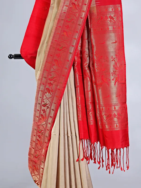 Beige silk wedding saree with traditional zari design