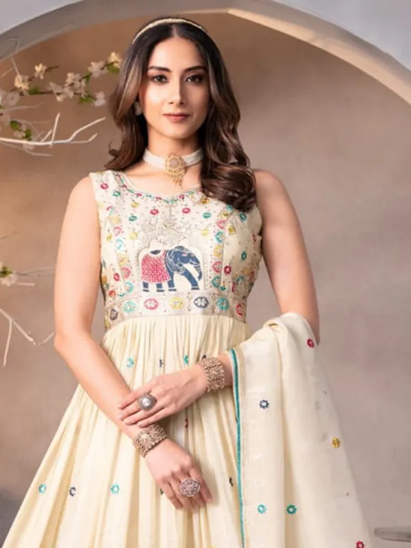 Beige silk wedding wear anarkali suit