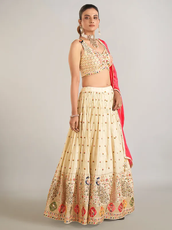 Beige silk wedding wear lahenga choli
