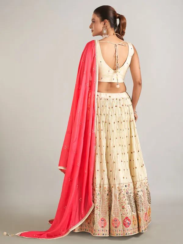 Beige silk wedding wear lahenga choli