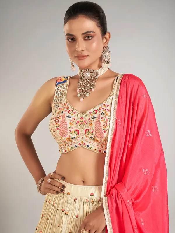 Beige silk wedding wear lahenga choli
