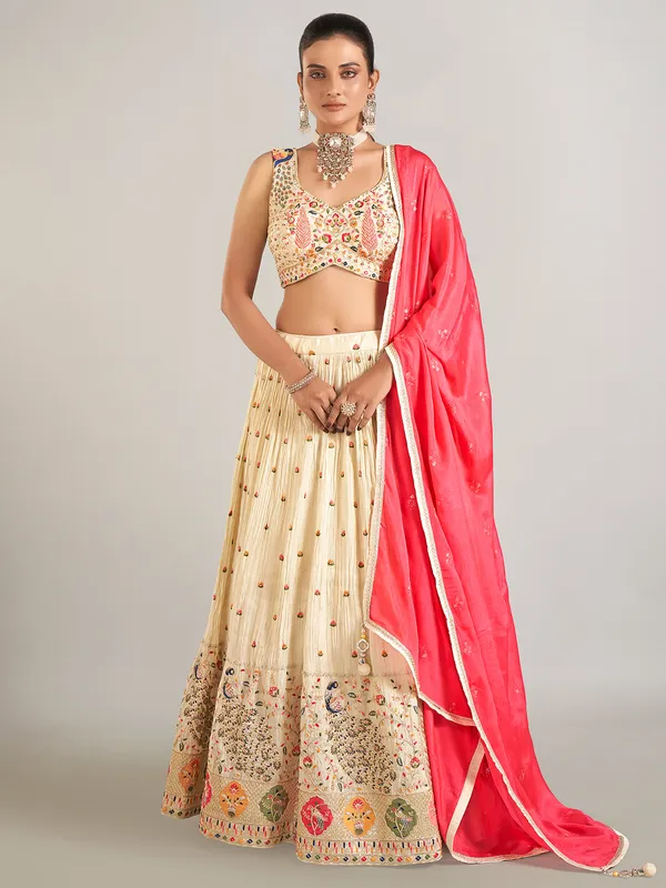 Beige silk wedding wear lahenga choli