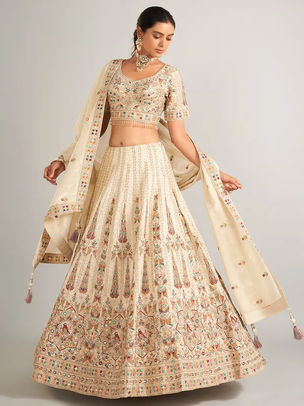 beige silk wedding wear lehenga choli for women