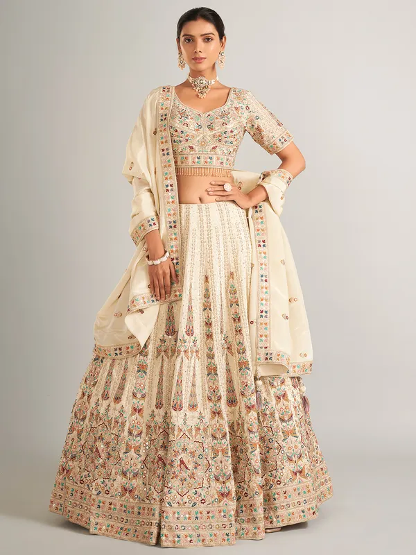 beige silk wedding wear lehenga choli for women