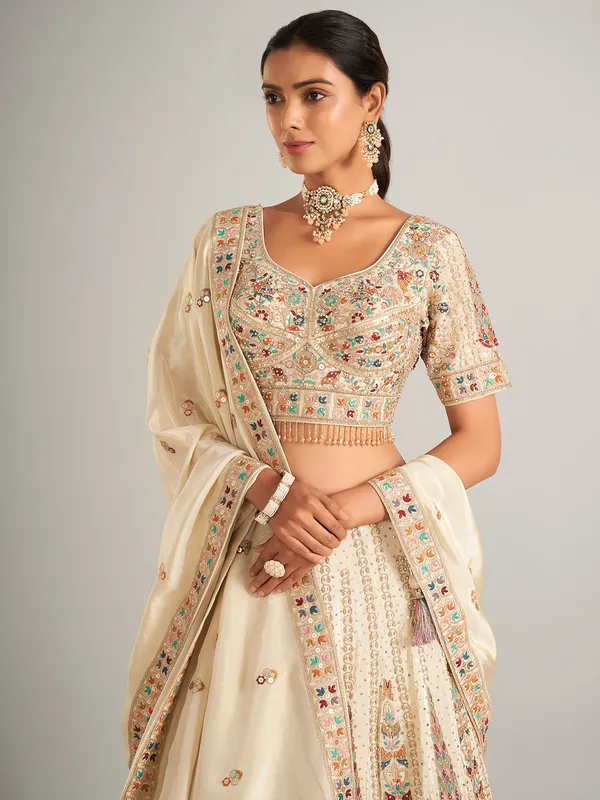 beige silk wedding wear lehenga choli for women