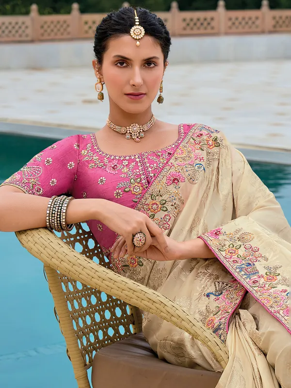 Beige silk wedding wear saree