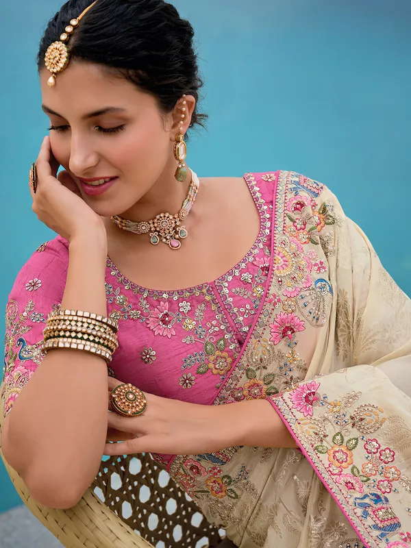 Beige silk wedding wear saree