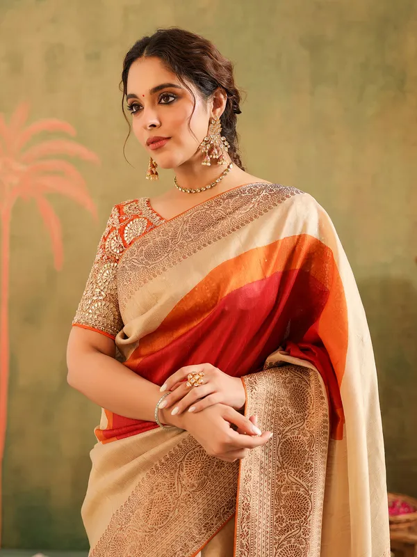 Beige silk wedding wear saree with gota work