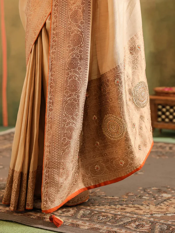 Beige silk wedding wear saree with gota work
