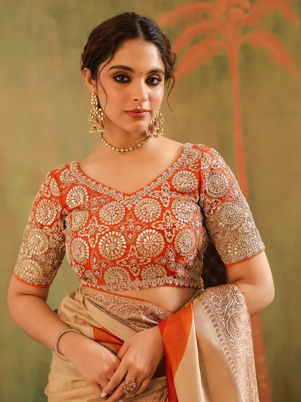 Beige silk wedding wear saree with gota work