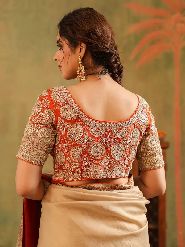 Beige silk wedding wear saree with gota work