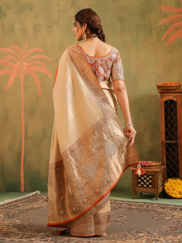 Beige silk wedding wear saree with gota work