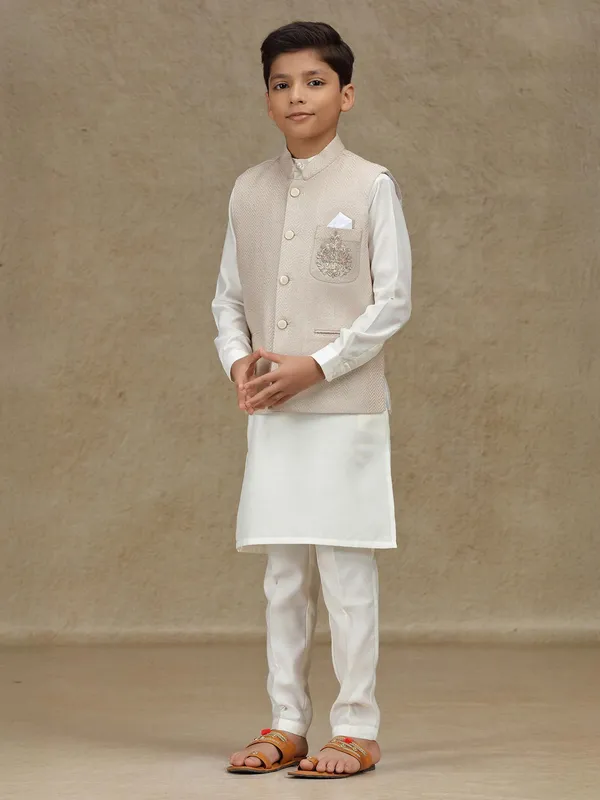 Beige silk wedding wear waistcoat set for boys