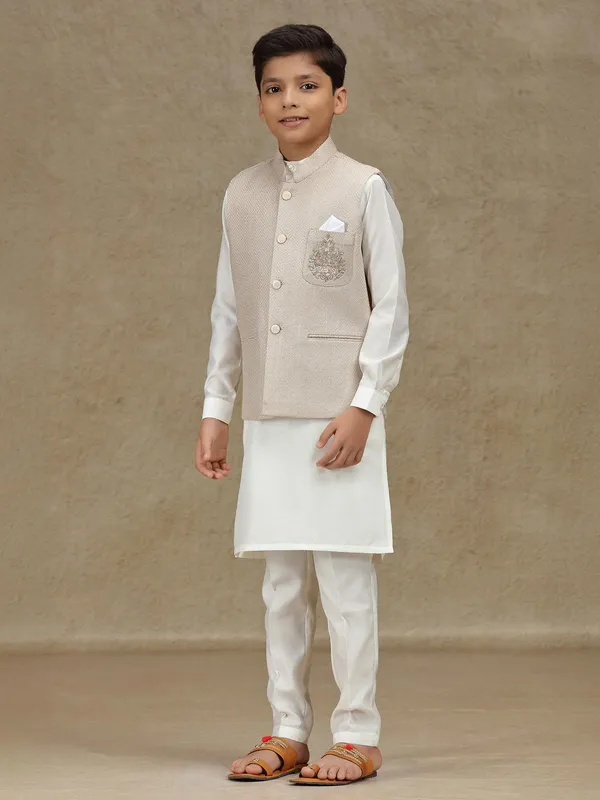 Beige silk wedding wear waistcoat set for boys