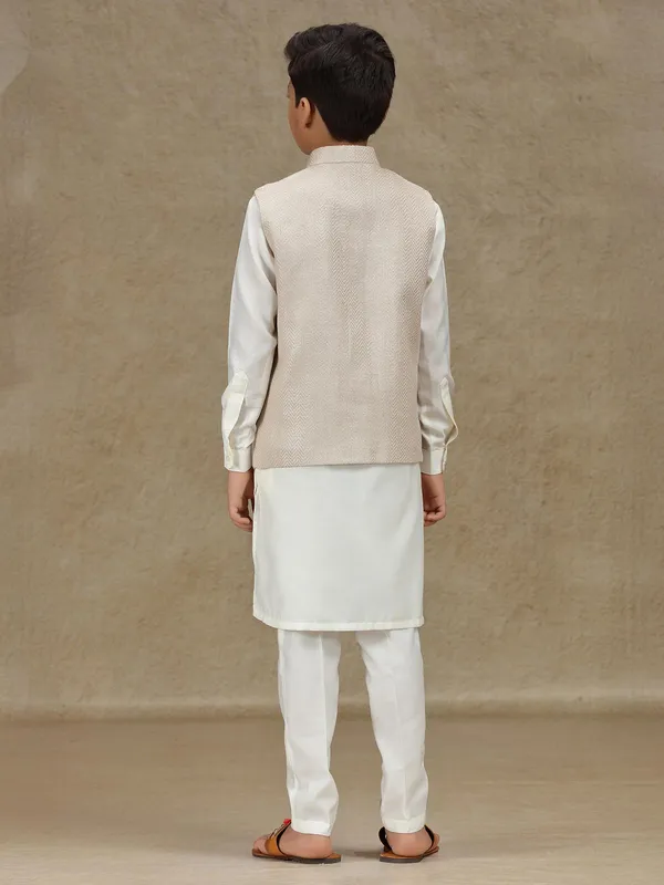 Beige silk wedding wear waistcoat set for boys