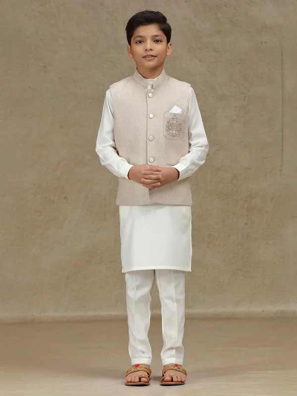 Beige silk wedding wear waistcoat set for boys