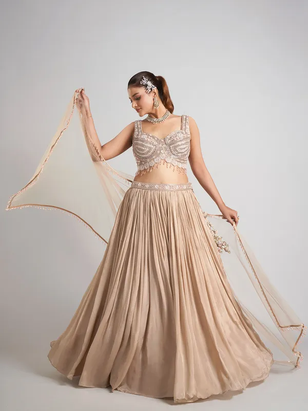 Beige silk zardosi wedding wear lehenga choli