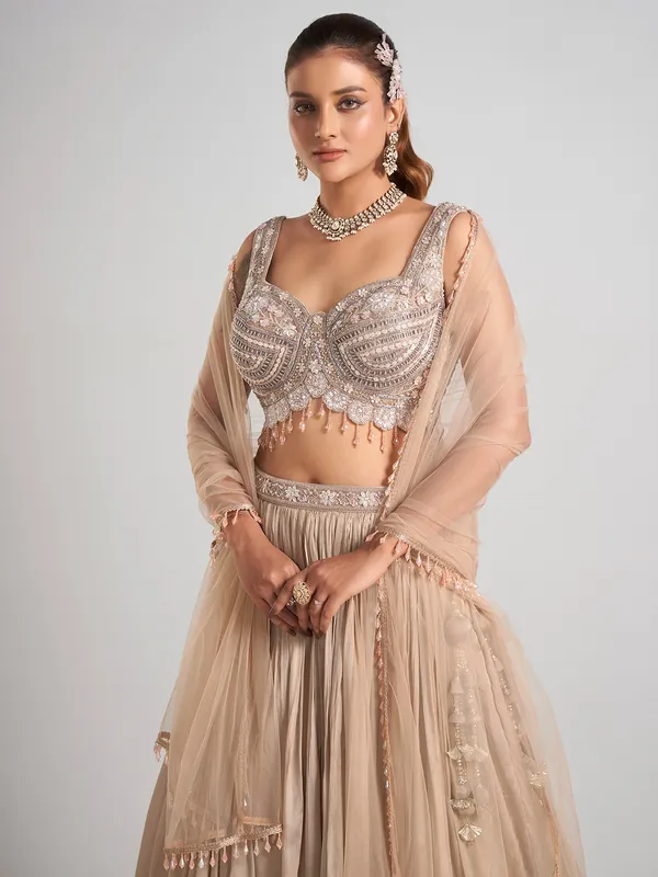 Beige silk zardosi wedding wear lehenga choli