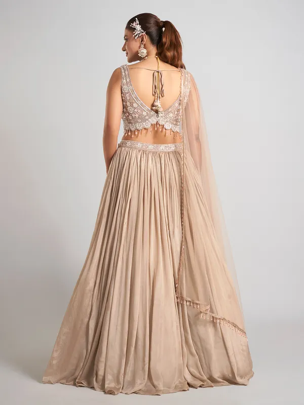 Beige silk zardosi wedding wear lehenga choli