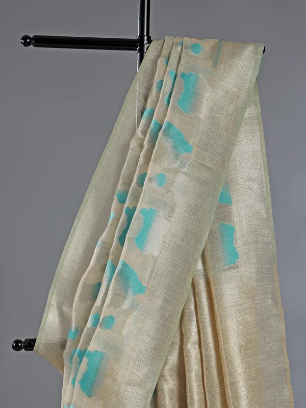 Beige sky blue zari woven cotton saree for women