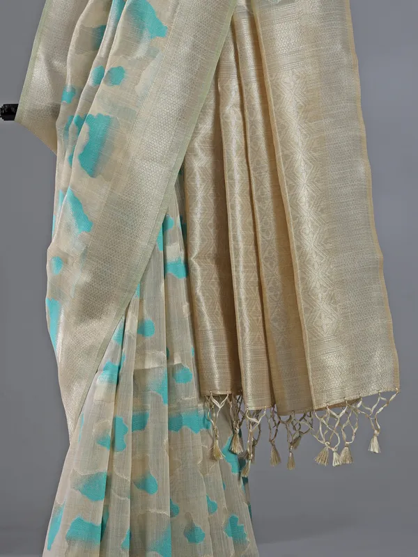 Beige sky blue zari woven cotton saree for women