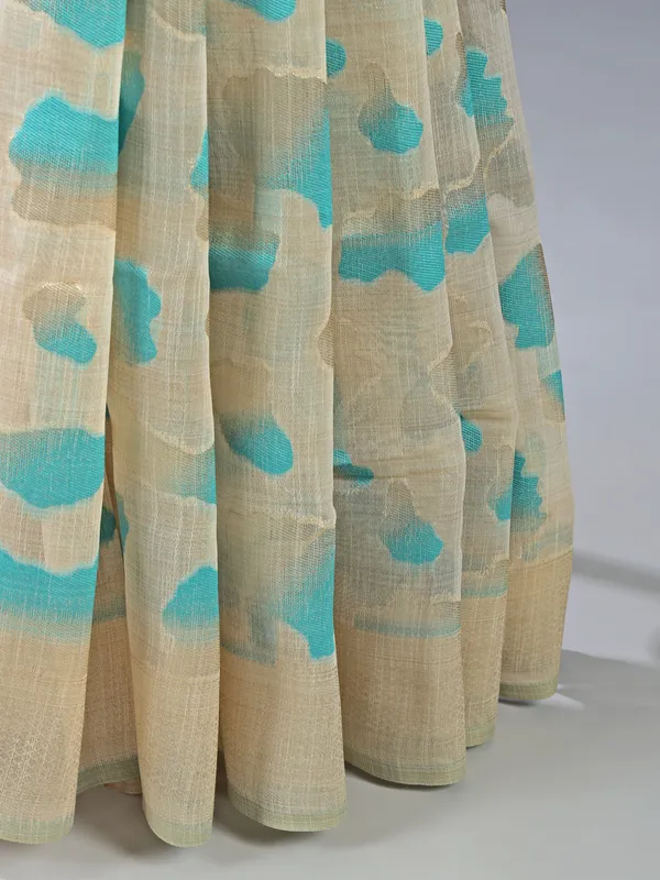 Beige sky blue zari woven cotton saree for women