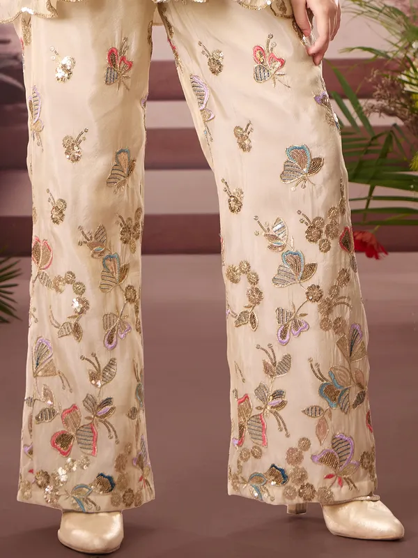 Beige sleeveless silk palazzo suit for diwali