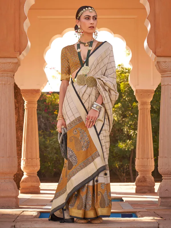 Beige soft silk checks saree