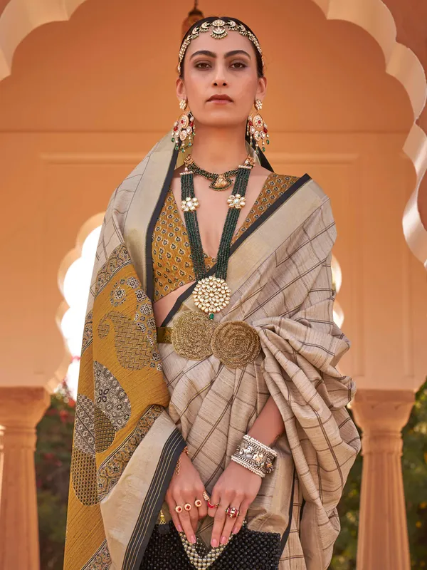 Beige soft silk checks saree