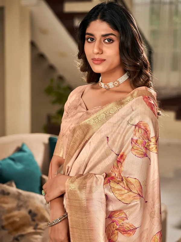 Beige soft silk digital printed saree