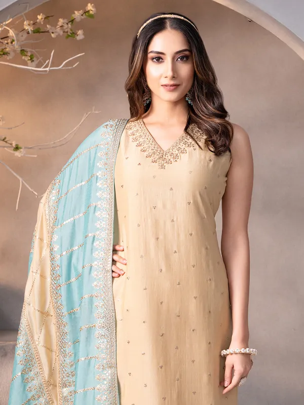 Beige straight cut silk salwar suit with dupatta