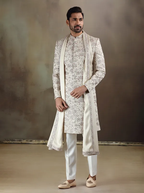 Beige tava silk sherwani with dupatta for mens