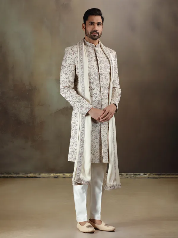 Beige tava silk sherwani with dupatta for mens
