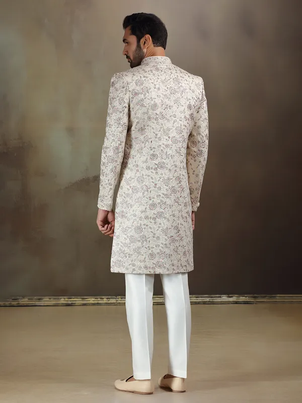 Beige tava silk sherwani with dupatta for mens
