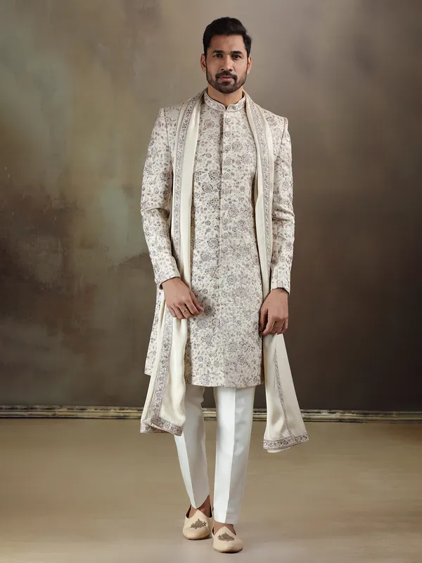 Beige tava silk sherwani with dupatta for mens